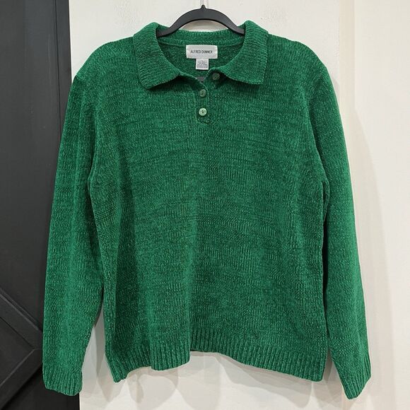 Vintage Alfred Dunner Green Chenille Collared Sweater Large Knit Shoulder Pads - Picture 1 of 5